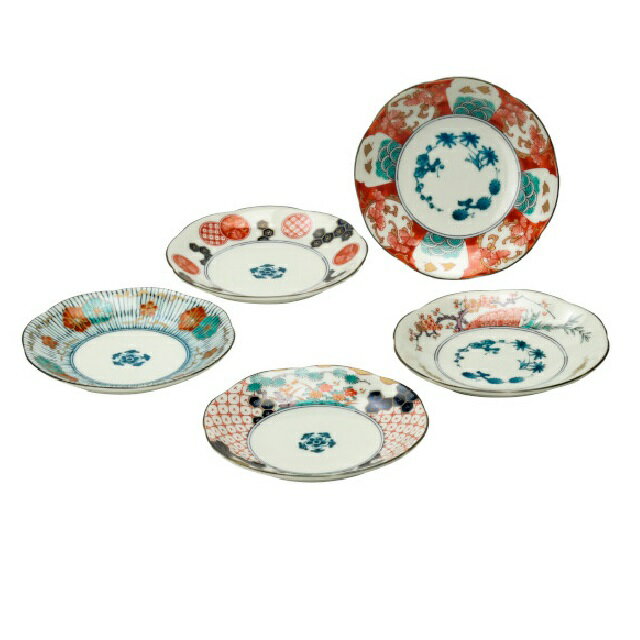 美濃焼 染錦古伊万里 中皿揃(5枚組)草錦花紋×1個 / 染錦花鳥×1個 / 染錦亀甲×1個 / 間取錦草花×1個 / 錦金彩千鳥×1個