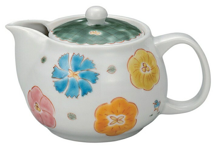 日本の伝統工芸品【九谷焼】ポット急須 花に小鳥 網付 川合孝知