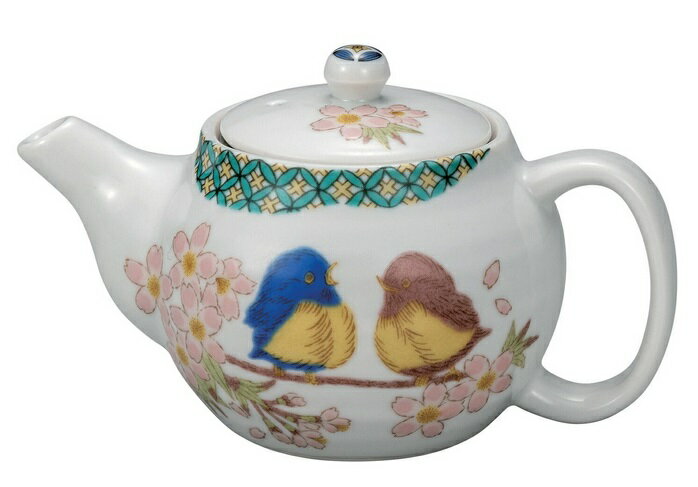 日本の伝統工芸品【九谷焼】ポット急須 小紋花雀 網付