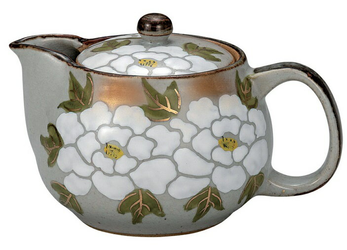 日本の伝統工芸品【九谷焼】ポット急須 白牡丹 網付