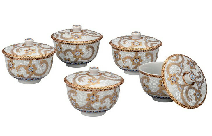日本の伝統工芸品【九谷焼】蓋付汲出揃 白粒金唐草（5客組）