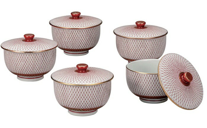 日本の伝統工芸品【九谷焼】蓋付汲出揃 赤網（5客組）
