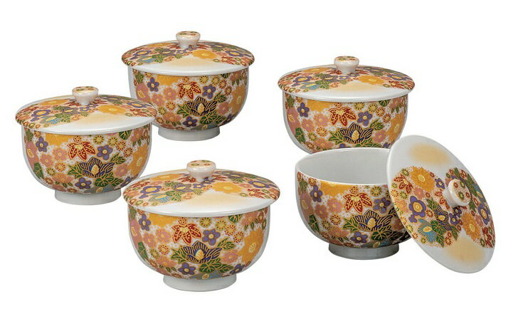 日本の伝統工芸品【九谷焼】蓋付汲出揃 花詰（5客組）