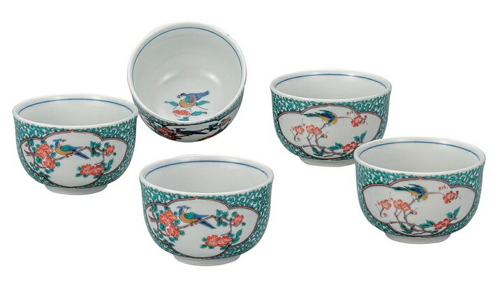 日本の伝統工芸品【九谷焼】汲出揃 緑彩唐草花鳥（5客組）