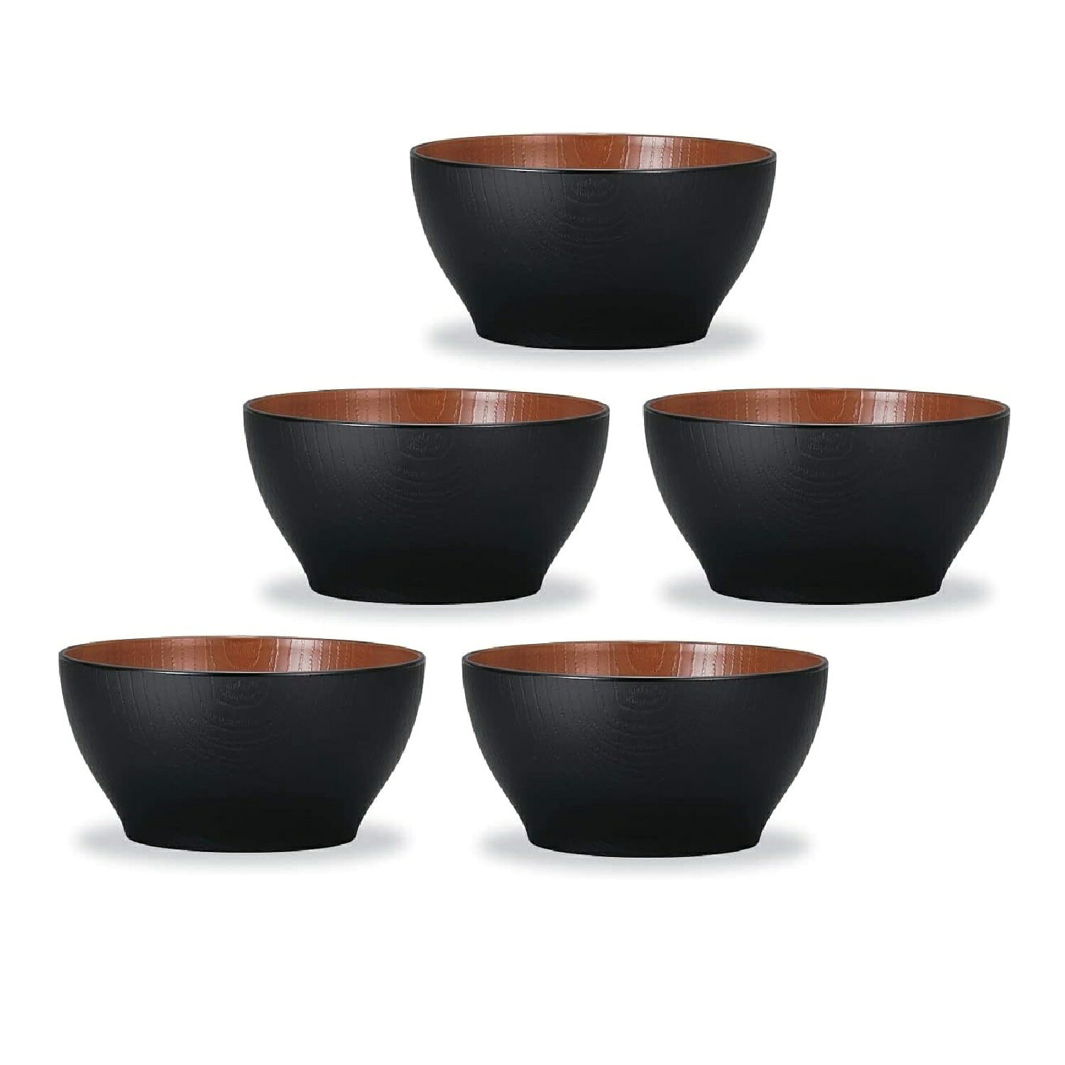 サイズ:約直径12×高さ6cm 容量:約410ml 素材:飽和ポリエステル樹脂 とABS樹脂の合成樹脂 生産国:日本 電子レンジ・食器洗い乾燥機対応 セット内容:5個セット 山中漆器の歴史 近代漆器で世界に飛躍、日本最大の漆器産地に。 昭和30年代には、いち早く合成素地による新感覚の製品づくりに積極的に取り組みました。 扱いやすくメンテナンスが容易、自由自在な色と形、安価でスピーディー、大量生産が可能など、実用的な近代漆器の特徴をいかしてさまざまな商品を開発しました。 生活漆器から飲食サービス用のテーブルウェアまで、またギフトやインテリア市場など、国内はもとより世界に向けて出荷し、山中ブランドを確立、昭和60年代には日本最大の漆器産地に大きく成長することができました。