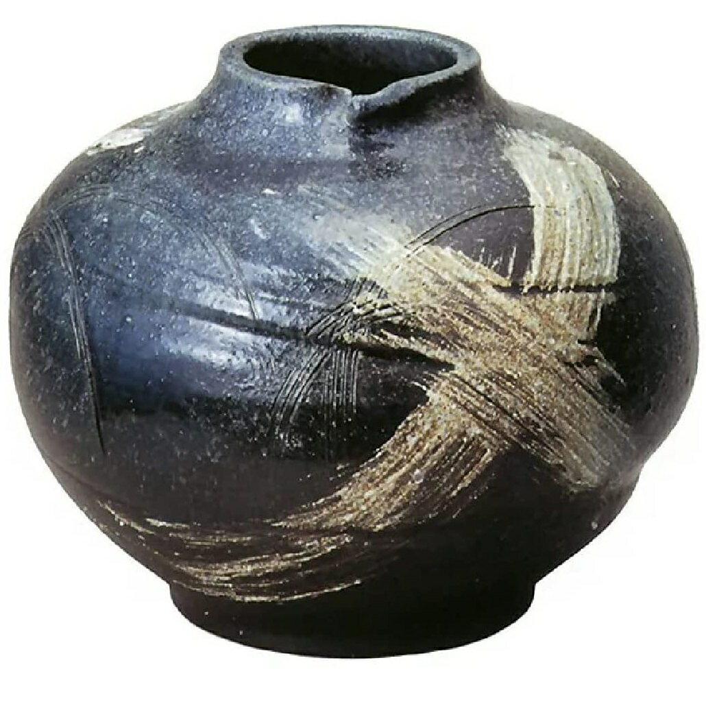 瓷器陶器 - 信楽焼　青釉刷毛目丸花瓶　13号