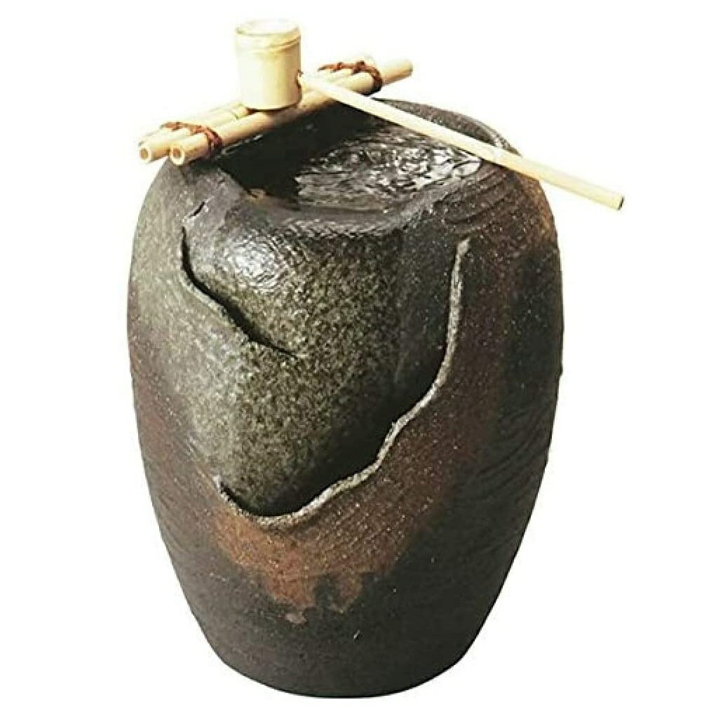 【信楽焼】湧き水つくばい響 13号（竹・循環式モーター付）高38cm×幅30cm