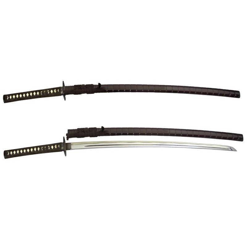 居合刀-1 千鳥一文字　(忠吉拵)　薄刃【長さ】2.45尺。【録頭】銅地波千鳥の図時代銅仕上。【刀身】超硬合金古刀仕上。【鍔】燕透し。ゆるやかな流れ、中直刀、糟糠肌、明るく冴えた勾ひが、まるで波間を飛ぶ千鳥のように見えるところから千鳥一文字と呼ばれる!