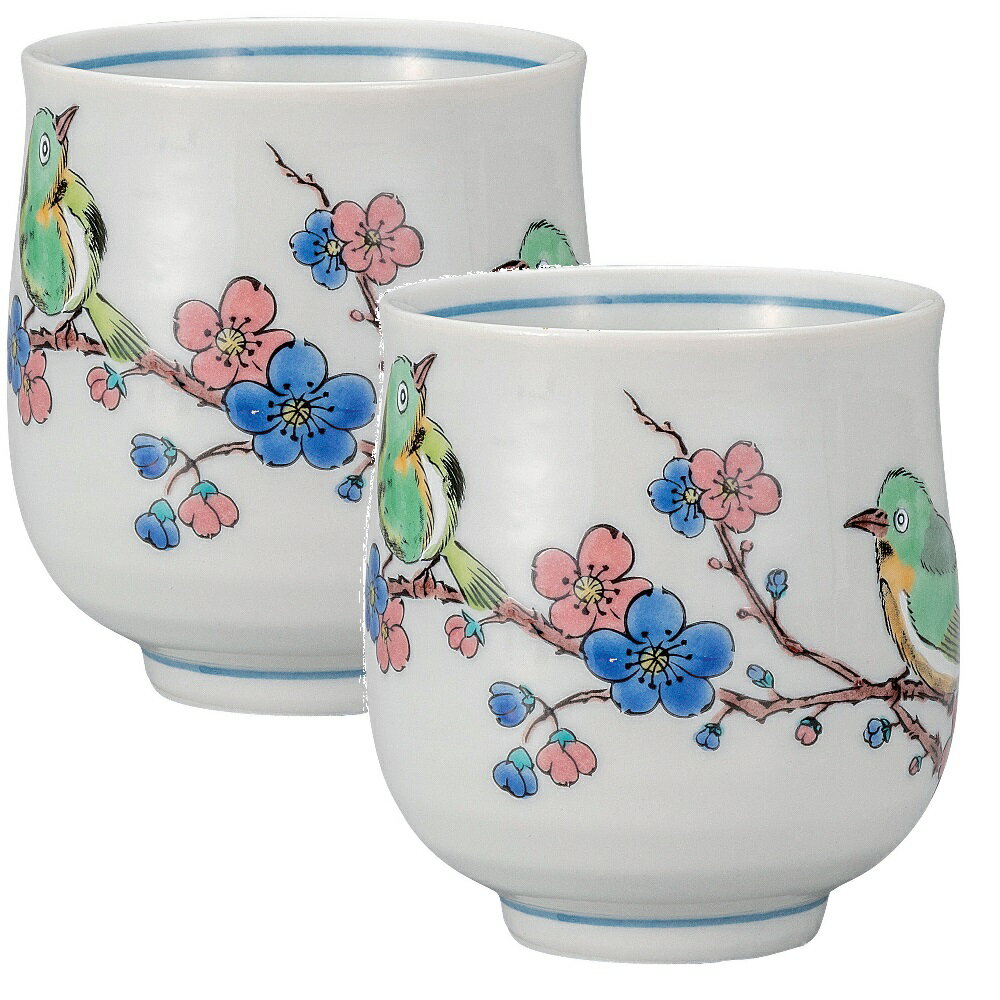 日本の伝統工芸品【九谷焼】湯呑 めじろに梅（2客組）