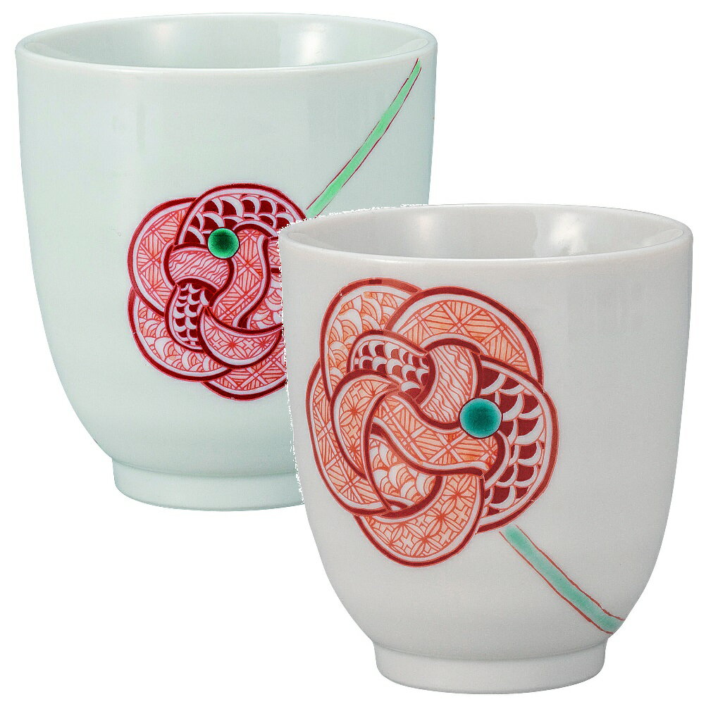日本の伝統工芸品【九谷焼】湯呑 赤絵水引 大志窯（2客組）