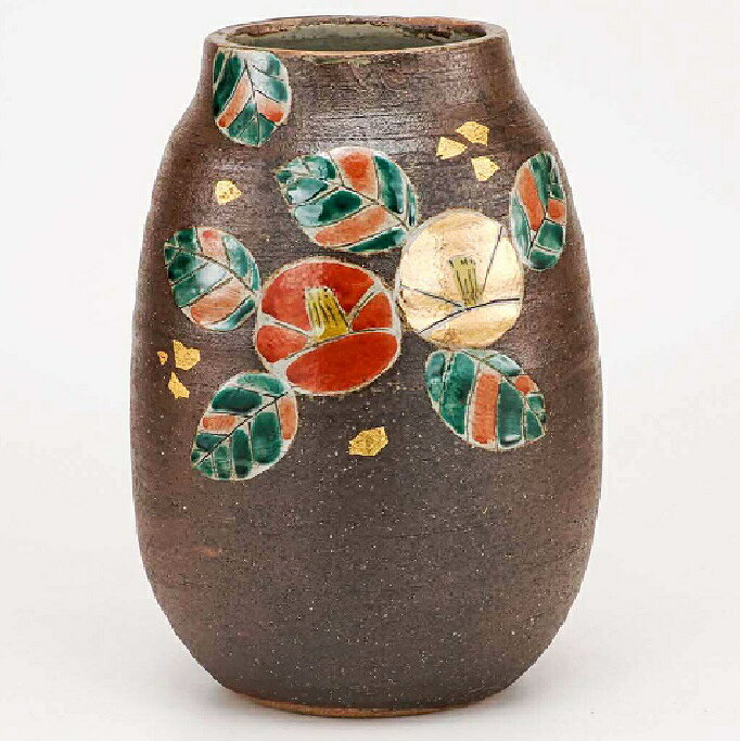 日本の伝統工芸品【九谷焼】7号ナツメ花瓶　彫刻金箔椿文