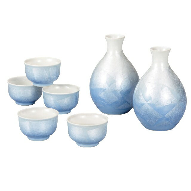 日本の伝統工芸品【九谷焼】酒器揃 銀彩（徳利2本・盃5個入）