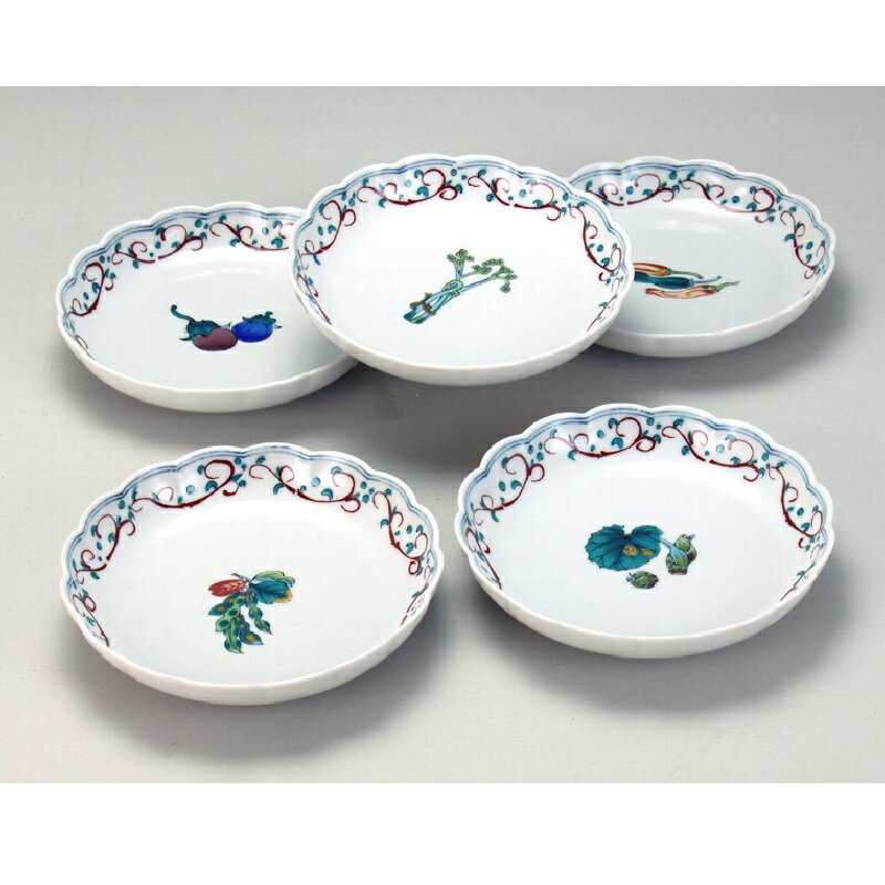 Rakuten - 日本の伝統工芸品【九谷焼】5号皿揃 野菜絵変わり（5枚組）