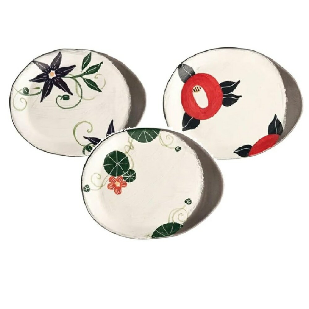 信楽焼 プレート 手描き皿 (3枚組) (つばき・てっせん・はな各1枚)