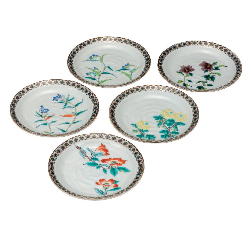 Rakuten - 日本の伝統工芸品【九谷焼】6号皿揃 金襴小紋五草花（5枚組）