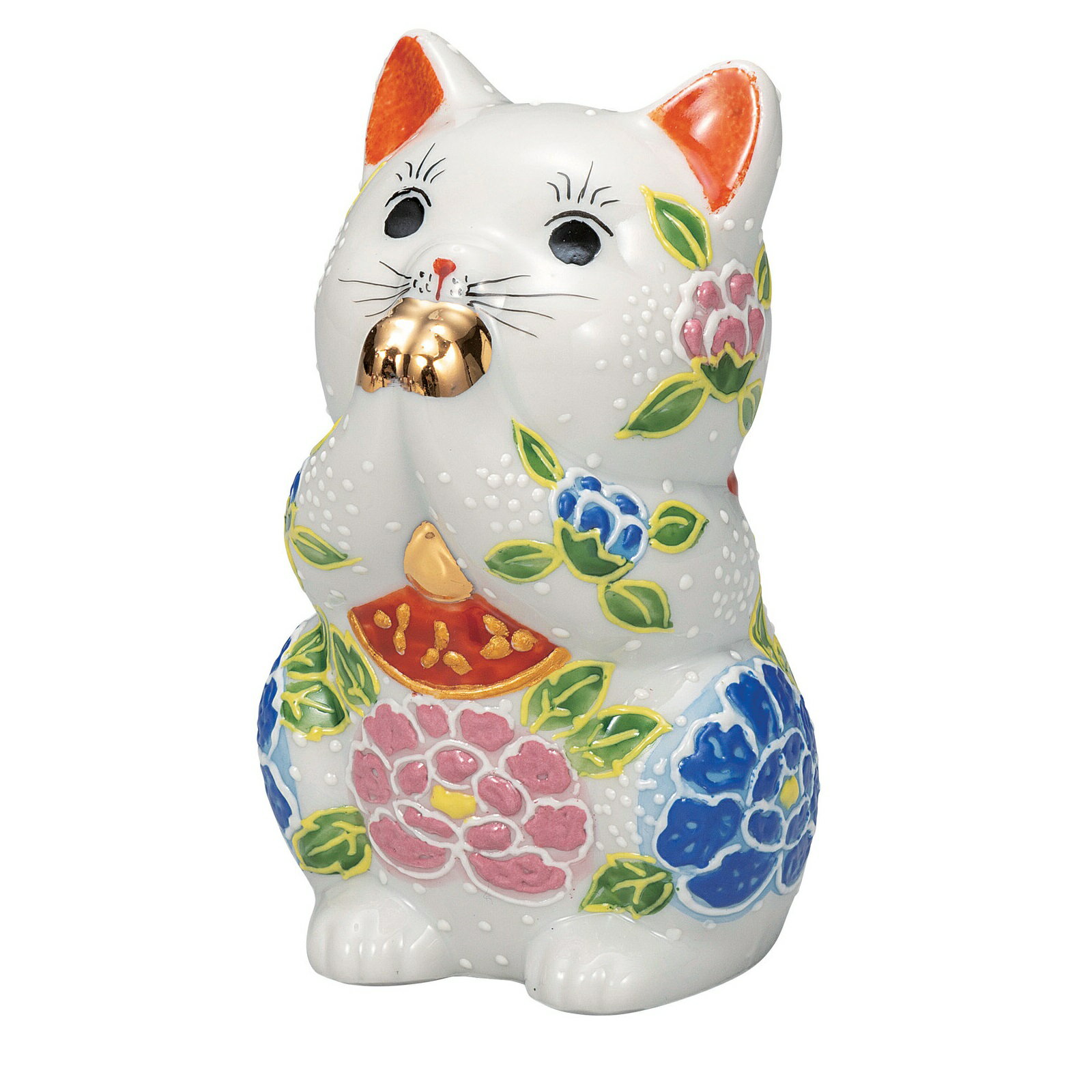 日本の伝統工芸品【九谷焼】3.8号お祈り猫 白盛牡丹