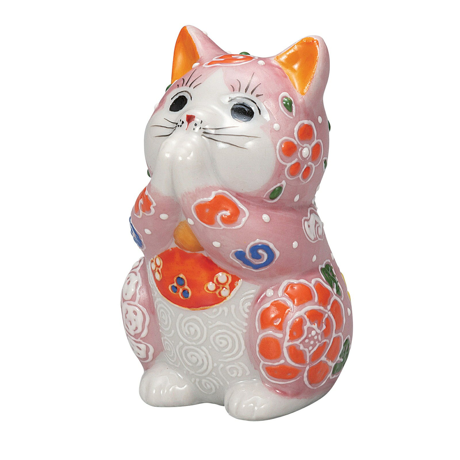 日本の伝統工芸品【九谷焼】2.7号お祈り猫 桃盛