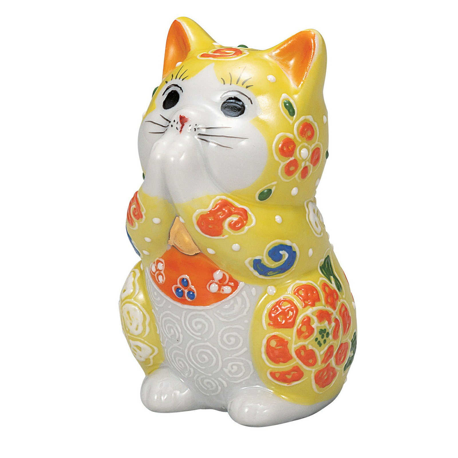 日本の伝統工芸品【九谷焼】2.7号お祈り猫 黄盛