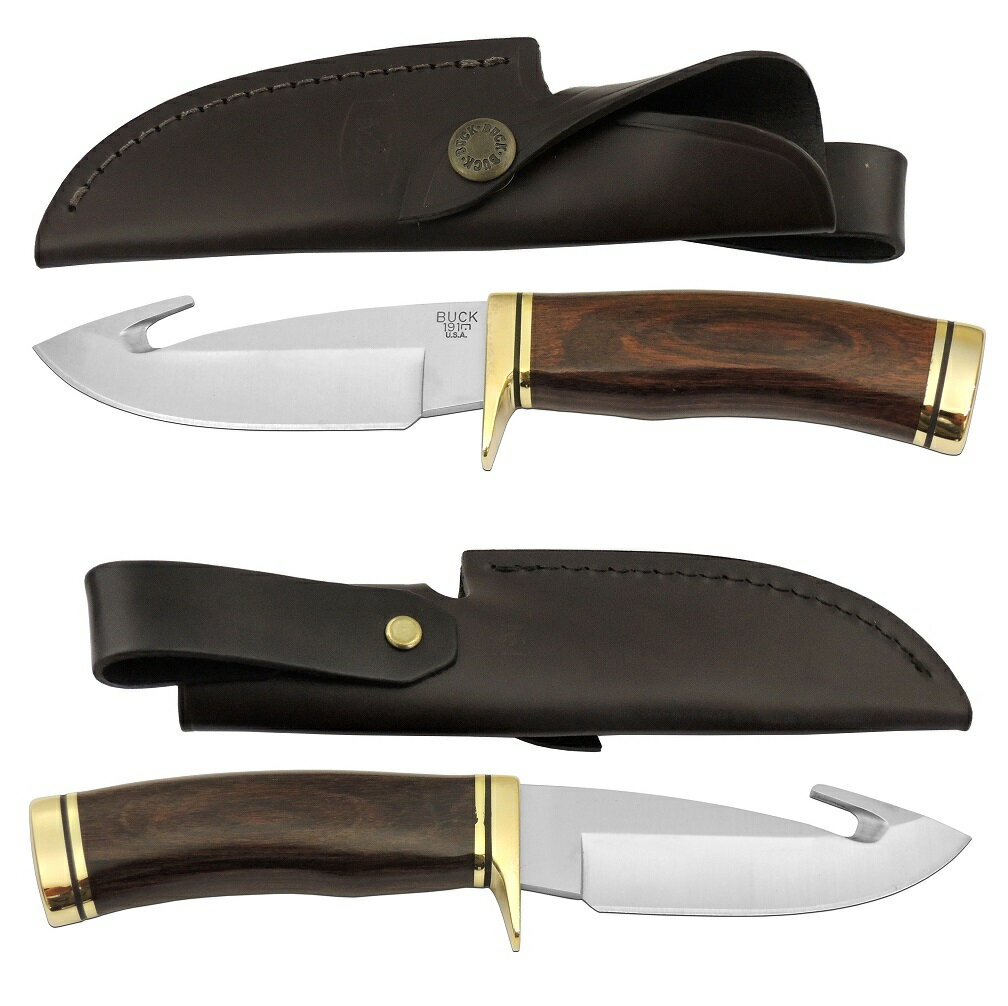 バックナイフ BUCK 20世紀の半ば、カンザス州の若き鍛冶屋、ホイット・H・バックは、より切れ味が鋭く、刃持ちのいい農耕用のクワをつくるため、様々な鋼材とその熱処理法の研究を始めた。 蹄鉄に使用されていたハイ・カーボン・スチールをより強化し、優れた刃物素材とする技術を開発したバックは、多くの農耕具にその技術を活用して高い評価を獲得。 後にその技術をナイフに応用し、世界有数のスポーツナイフメーカーへと発展した。 質実剛健な実用ナイフをポリシーとするバック社では、現在よりも優れたエッジ、より長く使える道具を求めて研究、開発を続けている。 全長：215mm 刃長：105mm ブレード材：420HC ハンドル材：ウッド 皮シース付 正当な理由なくこの商品を携帯することは法令により禁止されております。 18歳未満の方はこの商品を購入しないようお願いします。 ■通常2～5営業日で発送予定となりますが急な完売、欠品によりご用意出来ない場合が御座います。予めご了承下さい。 ■お使いの環境により商品の色、素材感が実物と多少異なって見える場合がございます。 ■発送準備完了後のキャンセル、返品交換等は一切お受けできません。予めご了承下さい。　