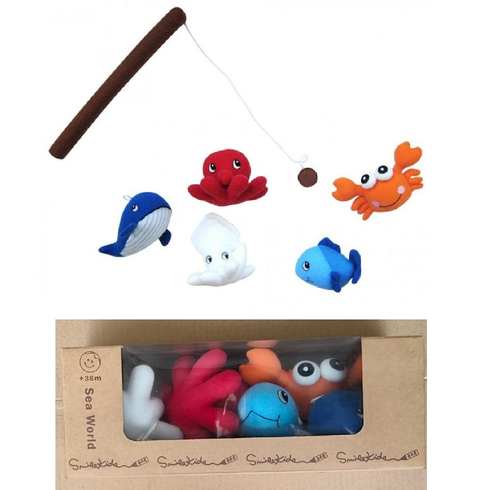 布おもちゃ 知育玩具 Smilekids スマイルキッズ シーワールド　クジラ、イカ、タコ、カニ、お魚は振ると鈴の音がします。つり竿の先のマジックテープにお魚たちがくっついてお魚が釣れる仕組みです。 　(クリアランス品)