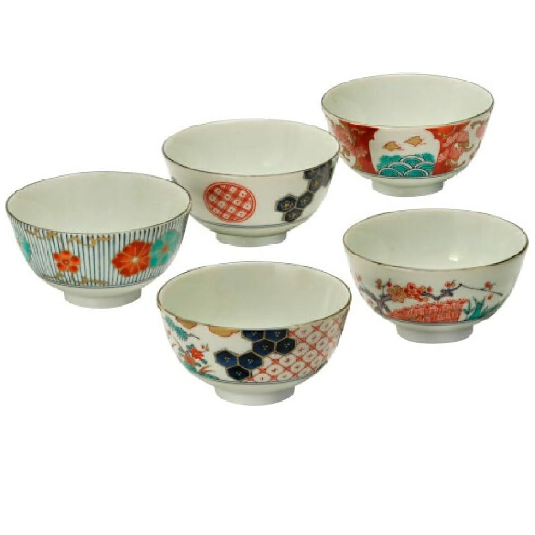 美濃焼 染のうつわ 染錦古伊万里 飯碗揃 （セット:十草錦花紋×1個 / 染錦花鳥×1個 / 染錦亀甲×1個 / 間..