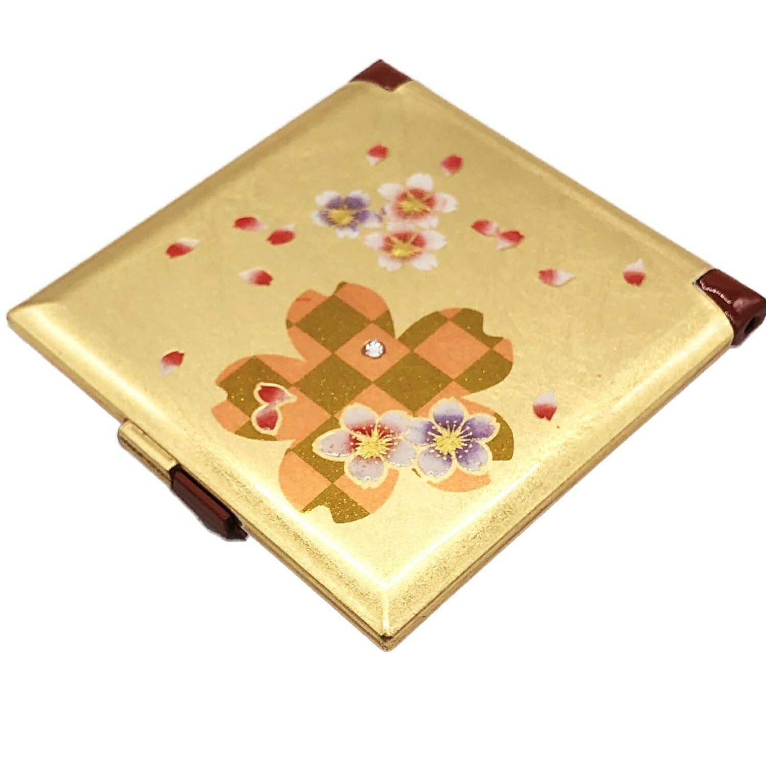 山中漆器 山中塗 角コンパクトミラー・箔工芸 桜ロマン