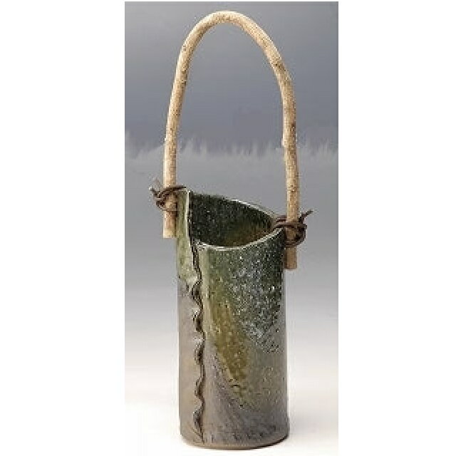 信楽焼 花瓶・花器 つる付花入 たたら合わせ緑釉