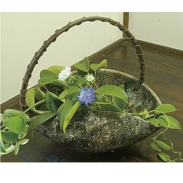 信楽焼 花瓶・花器 つる付花入　砂緑釉曲げ