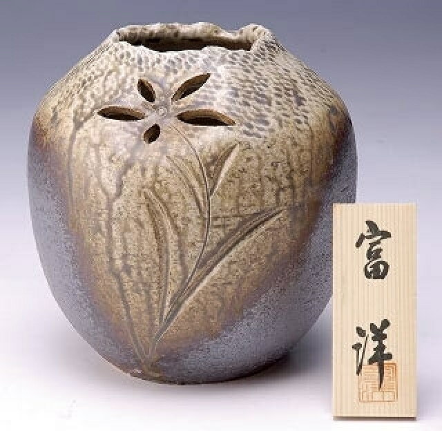 信楽焼 花瓶・花器 古信楽花彫○ 付属品:立札