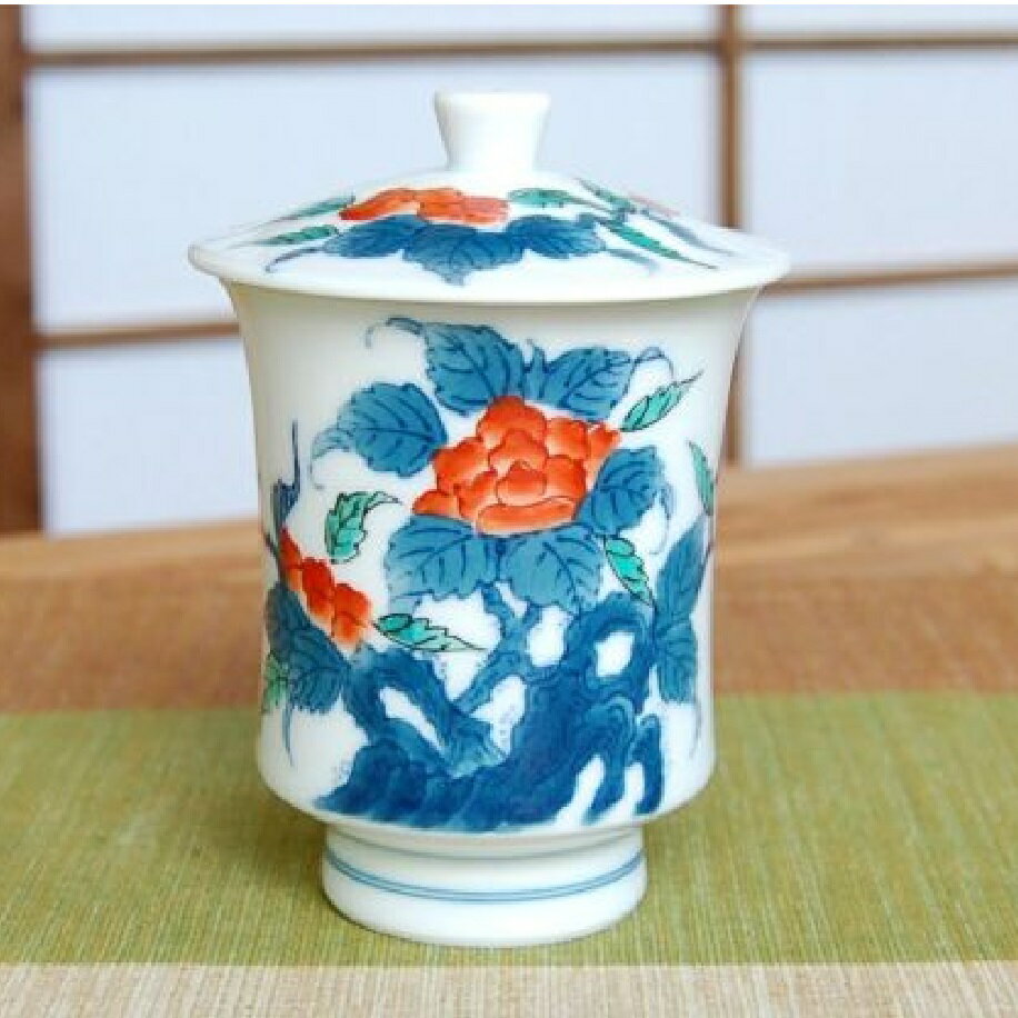 有田焼 色鍋島岩牡丹（大）蓋付湯呑 ◇ 有田焼を代表する名窯「畑萬陶苑」の器