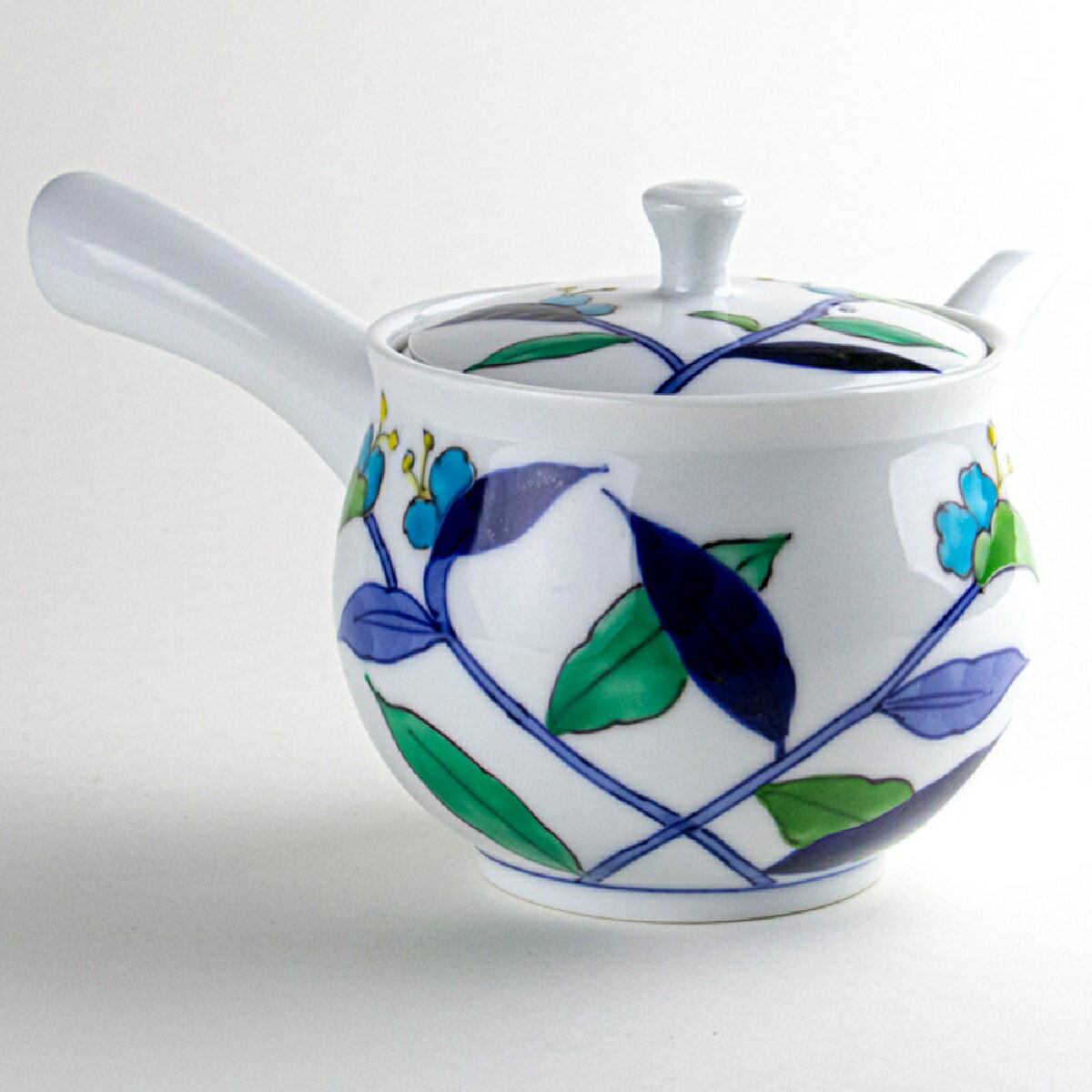 有田焼 花紀行つゆ草 U手長急須（460ml）ステンレス製の網茶漉し付