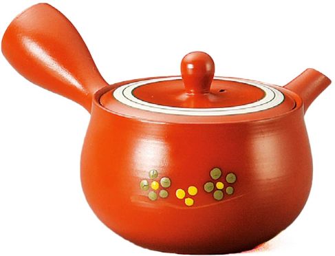 常滑焼　急須【帯網茶こし急須】朱泥花型ライン小花急須　富仙作　360cc