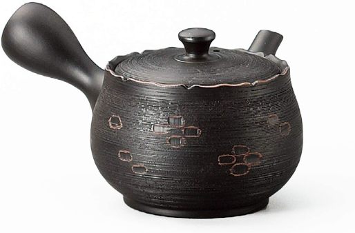 常滑焼　急須【帯網茶こし急須】黒フリル松皮彫紋帯網急須　春秋作 340cc