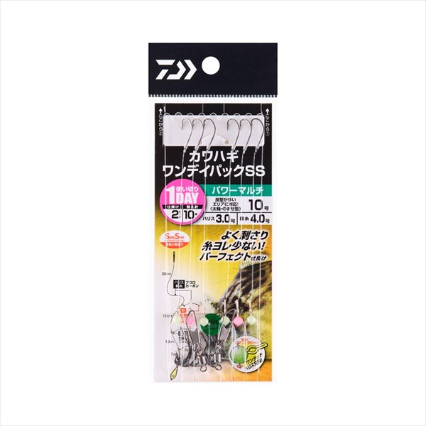 仕掛2セット、替え針10本で1日釣りができるワンデイパックリニューアル。これ1セットで1日釣りができるワンデイパック！！仕掛2セットと替え針10本入り、ハリス交換が簡単なフックビーズ付き。針は驚異の貫通力サクサスフックを採用。状況にあわせてフックタイプを5タイプをラインナップ。■パワーマルチ・・・大物が多い時に有効。針サイズ:10.0 幹糸:4号 ハリス:3.0号 全長:62cm ※実物と色が違って見える場合があります。あらかじめご了承下さい。