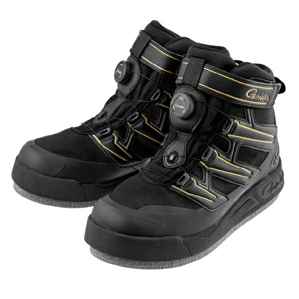 透湿防水機能を持ったフェルトスパイクシューズ。素早い着脱とフィット感の調整が可能なSPINONアルティメイトレイシングシステムを搭載。●ワイヤーによりシューズ全体を包み込むように均等に締め付け、高いフィット感を実現。磯場などで長時間着用してもワイヤーの効果で足の動きにフィットし、安定した甲部から足首までのホールド感を持続します。ダイヤル操作にすることによりミリ単位の細かい調整が可能。時期、状況に合わせて最適なフィット& ホールド感を実現します。ダイヤルを引き上げることで、解除が可能。●従来のシューズを見直し、釣りに特化した設計を実現しました。足首をしっかりホールドすることで、磯場でのフットワーク性に優れ、疲労を軽減します。●内部と足首回りのクッション性を大幅にアップし、釣り中の足への負荷を軽減します。●横幅を3Eに設定し、日本人の足に合わせた横広設計で、着用時の安定感が向上しました。●素早い着脱とフィット感の調整が可能な面ファスナーベルト仕様。磯の上、釣り中でも素早いフィット感調整が可能です。サイズ：3L（27.0-28.0）カラー：ブラック／ゴールド ※実物と色が違って見える場合があります。あらかじめご了承下さい。