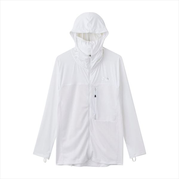 日陰をまとうICEDRYジャケット。太陽に晒されやすいフード、フェイス、腕部にはUVケア（UPF40）、吸水速乾、接触冷感のあるICEDRYに遮熱性能も併せ持つ素材を採用。Tシャツを着ると重なってしまう身頃部分には通気性の高いメッシュ素材で切り替えることで快適な着心地を提供。フードにフェイスカバーが付いており、必要時のみ使用することが可能。目元の際までしっかりカバーできるようなパターン設計。胸ファスナーポケット、フィンガーループ付き。フード先には風によるバタつきを防ぐスピンドルアジャスターを搭載。サイズ：Mカラー：ホワイト ※実物と色が違って見える場合があります。あらかじめご了承下さい。