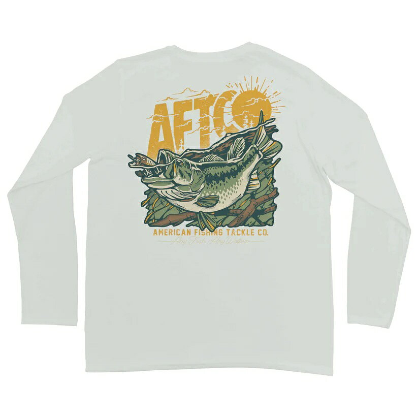 アングラーの操作するトップウォータープラグにバイトする瞬間が描かれたT-shirt　Shelter LS。UPF50の日焼け防止機能、汗と水分を肌から衣類の表面へと急速に通過させ、空気中へと蒸発する吸湿発散性に優れた素材を備えることで真夏の暑い時期でも釣りを快適にすることが出来ます。素材：リサイクルポリエステル88%, ポリウレタン12%サイズ US表記：Mサイズ(日本表記)：L胸囲（cm）：99-104 ※実物と色が違って見える場合があります。あらかじめご了承下さい。