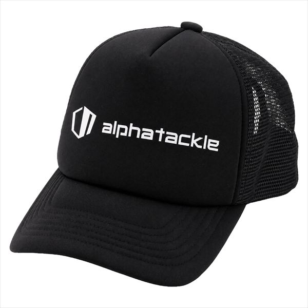 フロントにalphatackleのシンボルロゴを配置した、ハーフメッシュタイプのキャップ。通気性が高いメッシュ素材は夏場でのフィッシングシーンにおススメ。サイズ：フリーカラー：ブラック ※実物と色が違って見える場合があります。あらかじめご了承下さい。