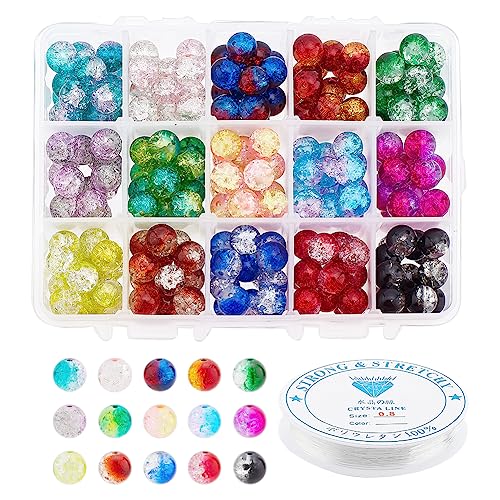 【送料無料】PandaHall Elite 約195個/箱 ガラスビーズ 10mm 15色 ラウンドビーズ クラックビーズ 透明..