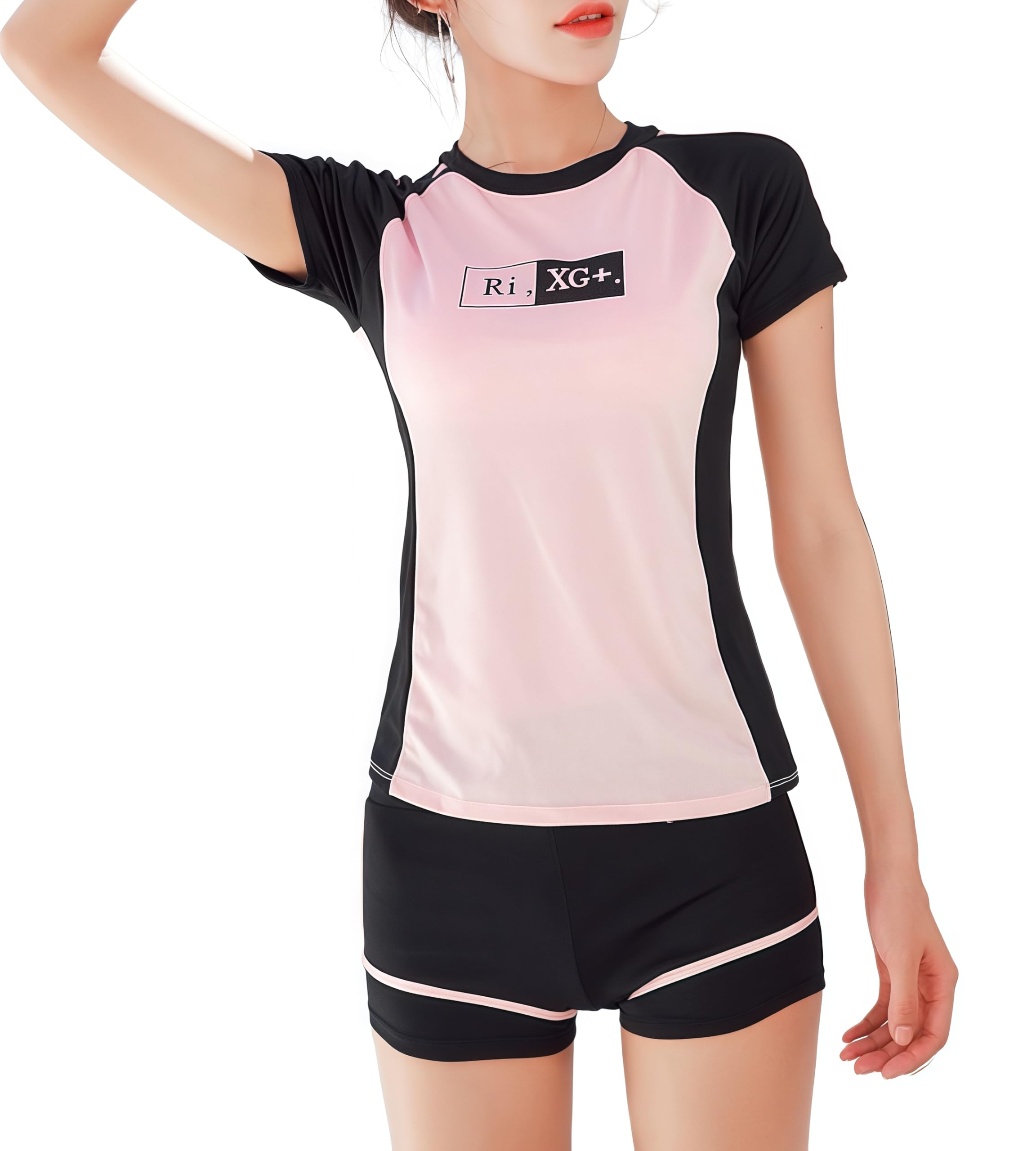 【送料無料】[Lalapala] レディース 水着 スクール水着 セパレート タンキニ 上下セット フィットネス 半袖ラッシュガード ショートパンツ 胸パット付き 体型カバー ビーチ プールスクール 学生 かわいい 無地 速乾性 練習用 女子