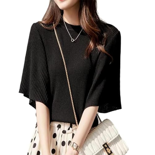 【送料無料】[fyetemon] レディース サマーニットトップス 五分袖 バタフライスリーブ リブ編み シルク..