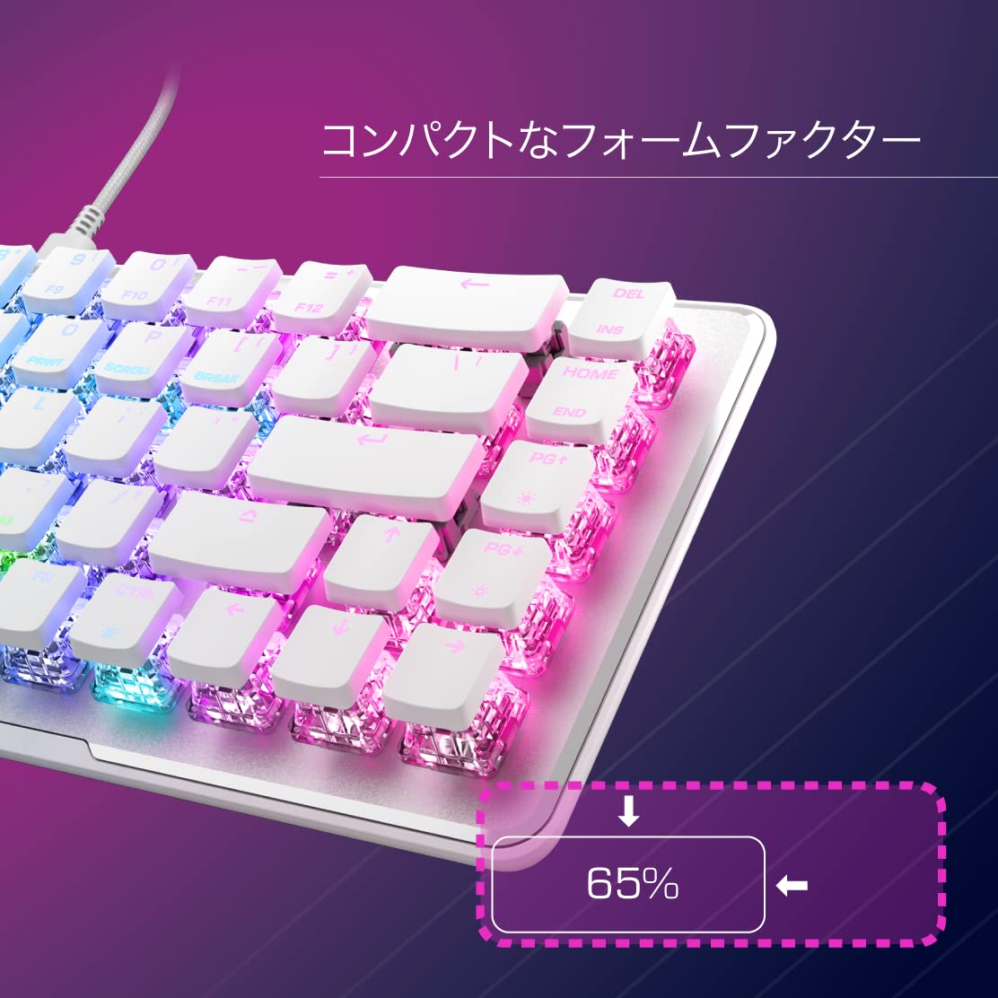 キャスティングドクターショップの【送料無料】ROCCAT ゲーミングキーボード Vulcan II Mini US ANSI 英語配列 有線 ホワイト/白 オプティカル リニア ミニ(65%) RGB Windows 7以降 【日本正規代理店品】｜アングル3