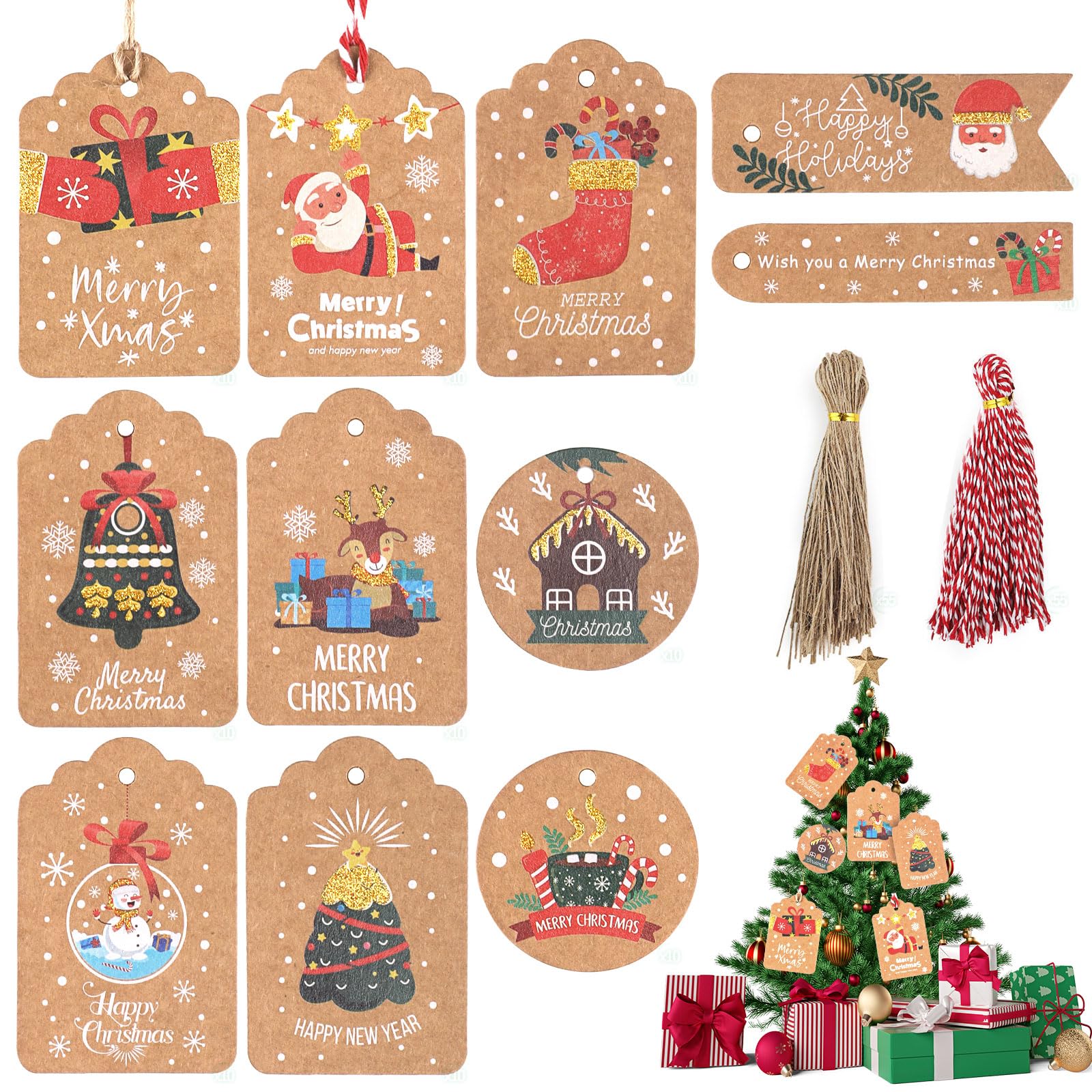 【送料無料】Hianjoo クリスマスタグ ギフトタグ クリスマス カード 糸付き 吊り 下げ札 長方形 110枚入り ラッピングタグ プレゼント ラベル 飾り クラフトタグ メッセージカード クリスマスツリープ用/ギフト用/装飾用