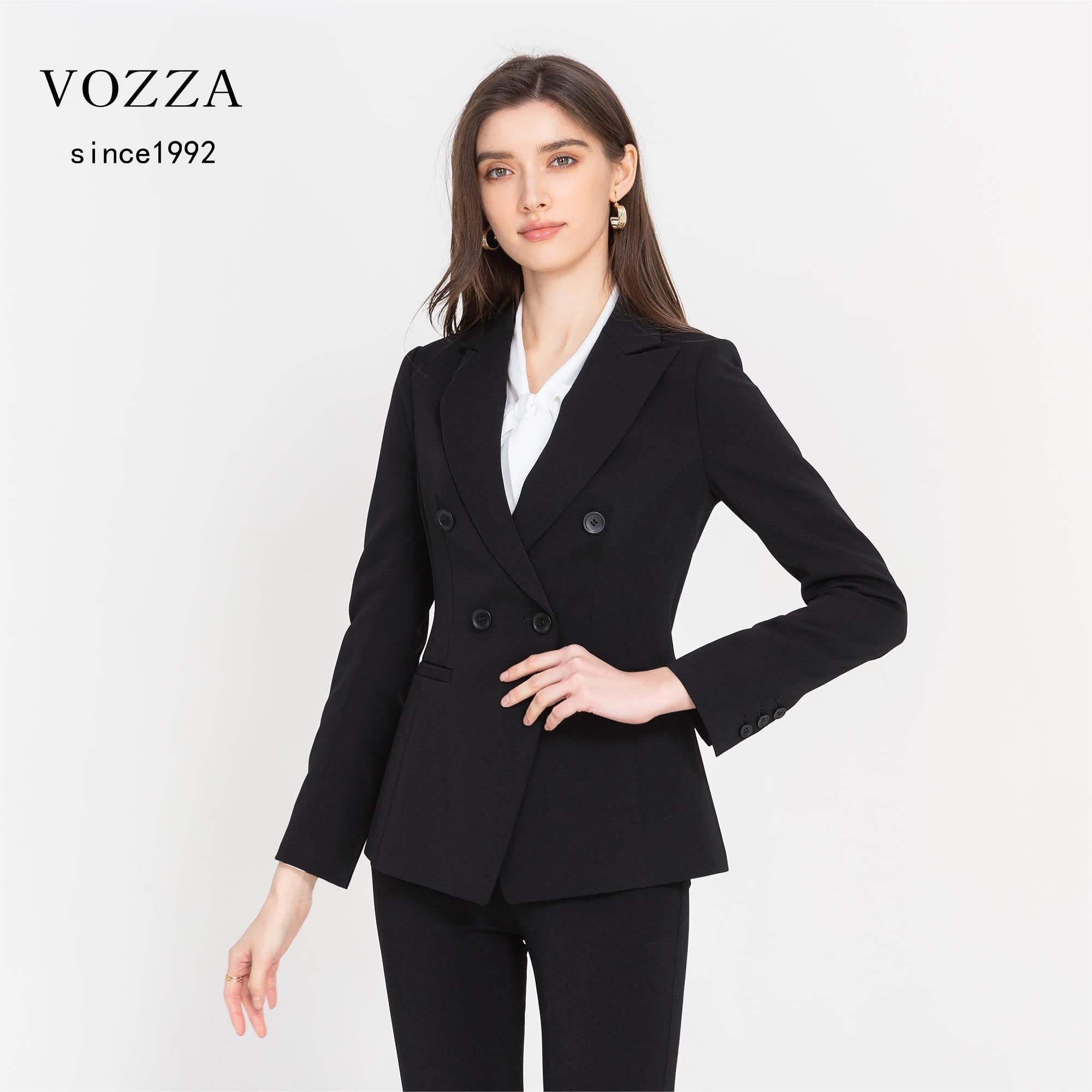 キャスティングドクターショップの【送料無料】[VOZZA] テーラード ジャケット レディース スーツ ブレザー 女性 長袖 ダブルボタン ピークドラペル 裏地付き 無地 上下別売りスーツ 事務 フォーマル オフィス 通勤 就活 面接 ビジネス リクルート 仕事 春 夏 秋 冬｜アングル3