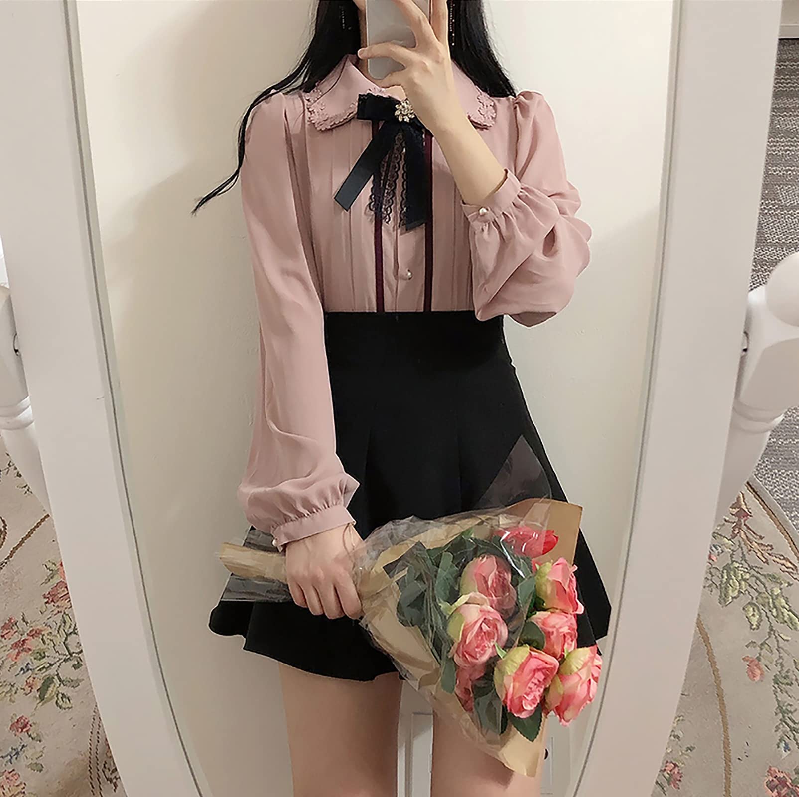 【送料無料】[TOWYYO] 地雷系 シフォン ブラウス かわいい リボン 花柄 レース 量...
