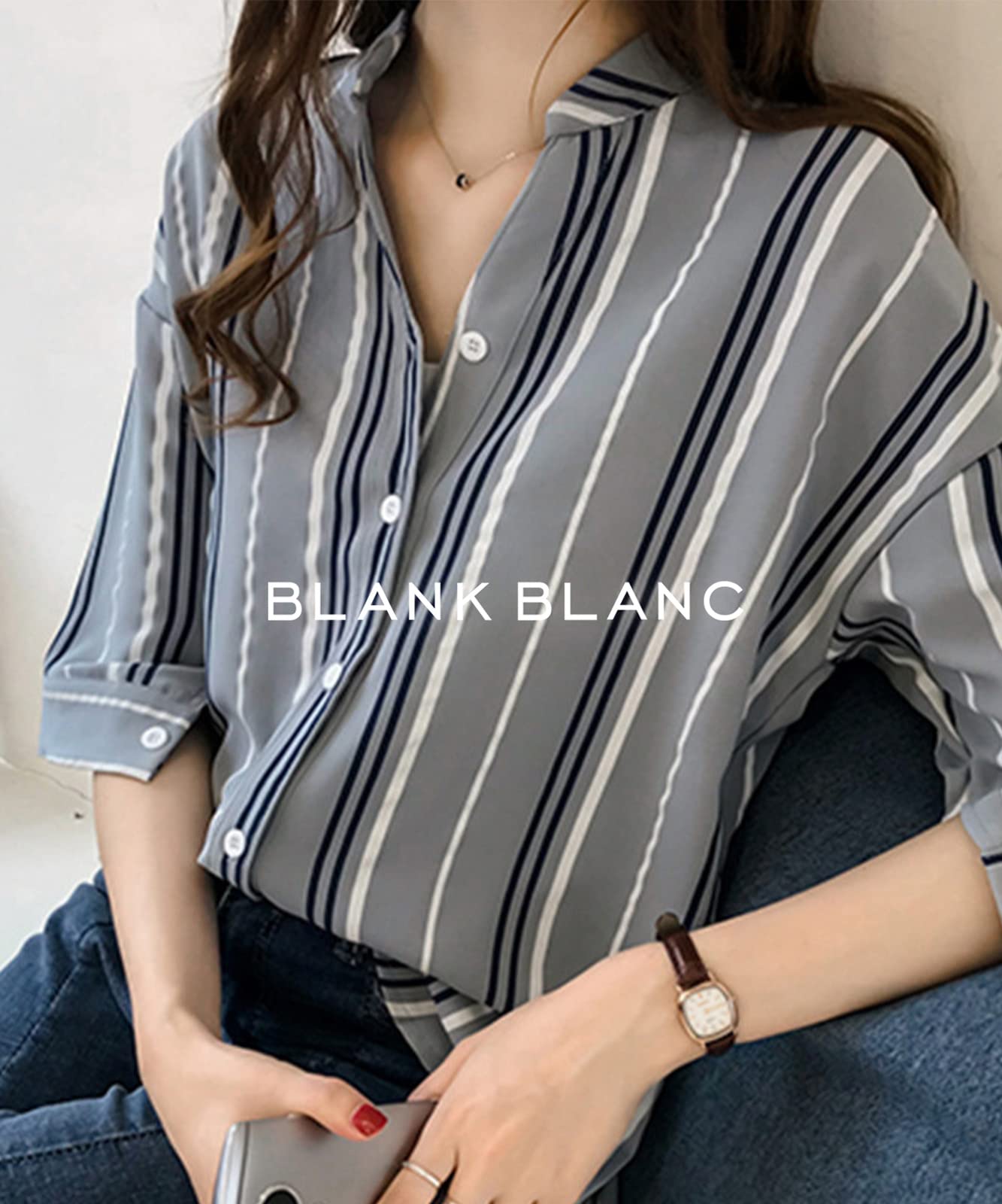 【送料無料】[BLANK BLANC] [ブランクブラン] ストライプシャツ ブラウス 7分袖 着...