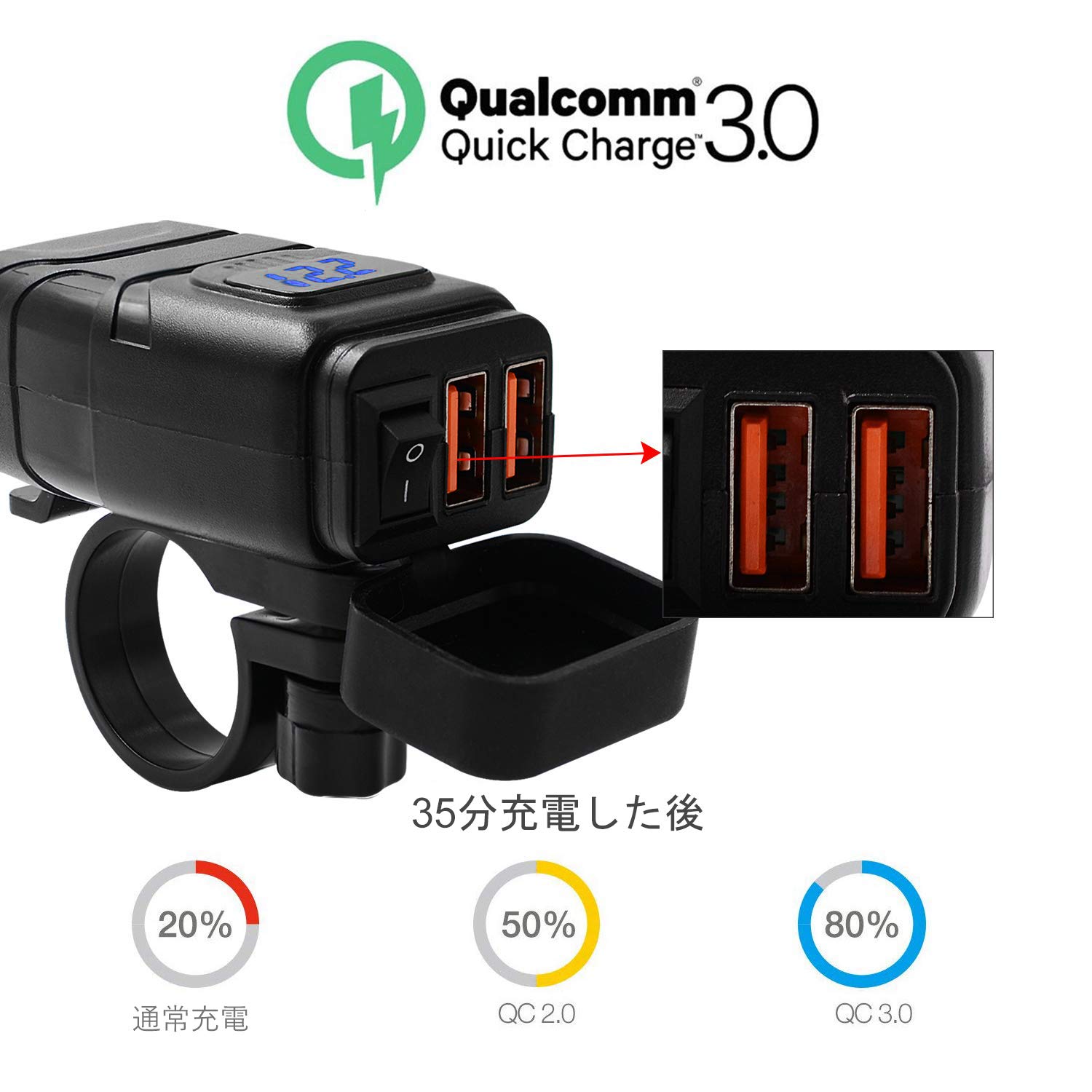 キャスティングドクターショップの【送料無料】BlueFire バイクusb電源 防水 ソケット オートバイ専用電源 2*QC3.0急速充電ポート 電圧計 独立電源ON/OFFスイッチ搭載 過圧保護 USBチャージャー QC3.0電源アダプター DC 12V GPS タブレット スマホ Android/IOS対応 (010タイプAA)｜アングル2