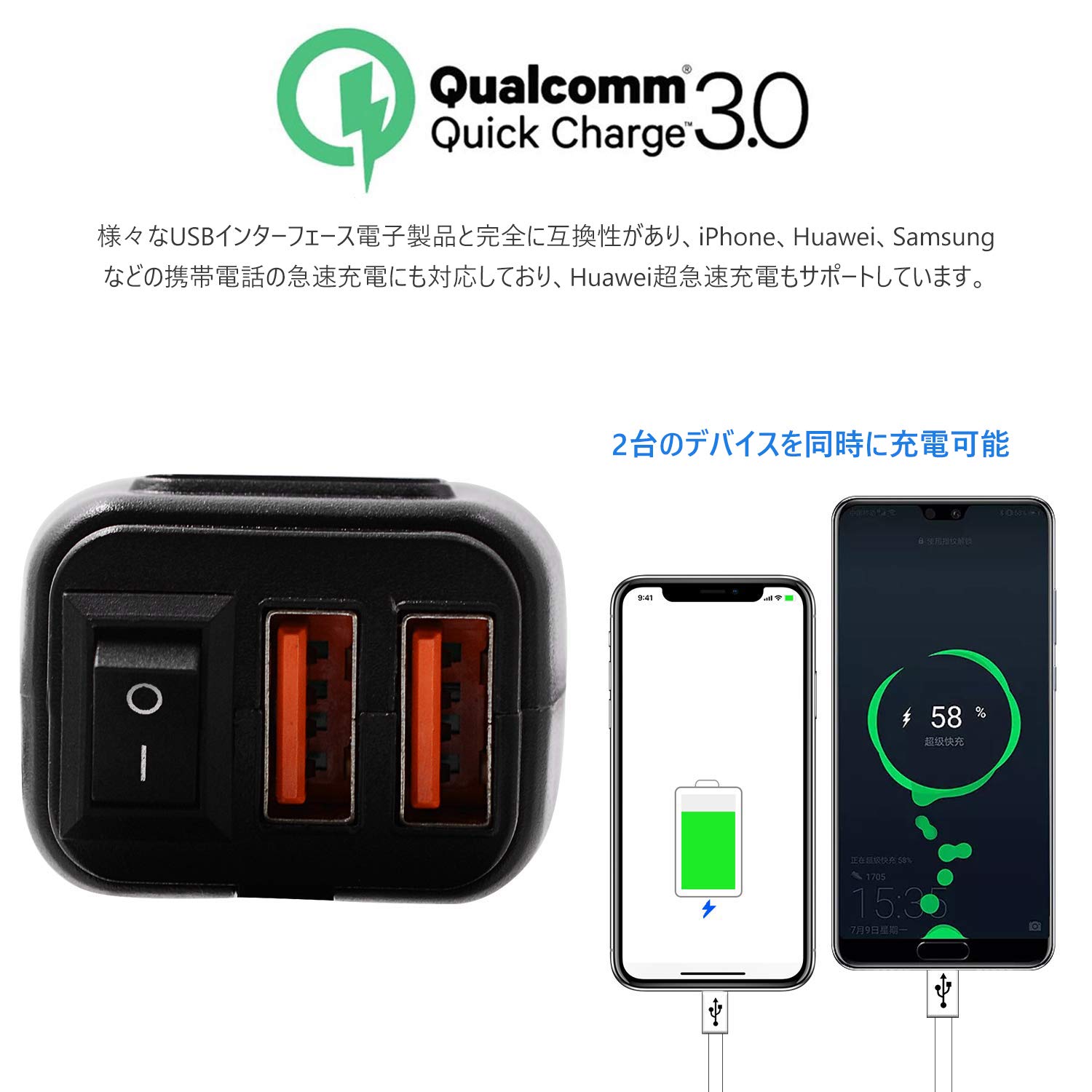 キャスティングドクターショップの【送料無料】BlueFire バイクusb電源 防水 ソケット オートバイ専用電源 2*QC3.0急速充電ポート 電圧計 独立電源ON/OFFスイッチ搭載 過圧保護 USBチャージャー QC3.0電源アダプター DC 12V GPS タブレット スマホ Android/IOS対応 (010タイプAA)｜アングル3