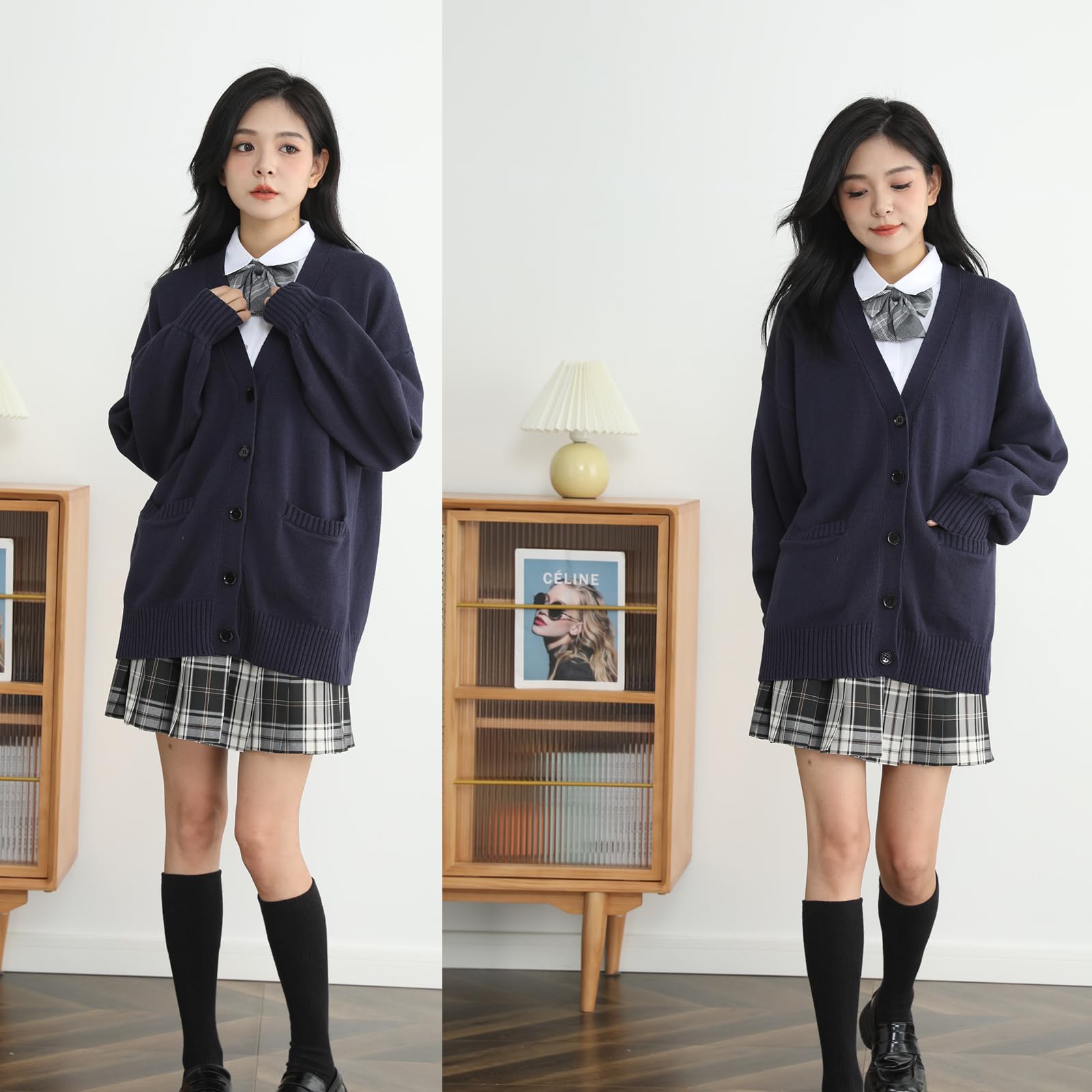 キャスティングドクターショップの【送料無料】[zuevichn] スクールカーディガン 女子長袖 制服 レディース カーディガン 学生 厚手 無地 Vネック ゆったり 通学 色：ネイビー、サイズ：S｜アングル2