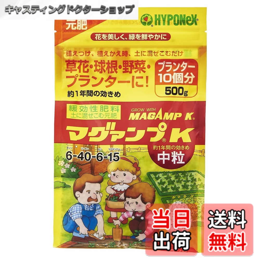 商品情報 商品の説明 商品紹介 - ご注意（免責）＞必ずお読みください ご注意（免責）＞ 必ずお読み下さい 在庫完売の際は、お取寄せ又はキャンセルとなる場合がございます。また、配送予定日と弊社商品お届け予定日は異なる場合もございますので予めご了承下さい。 商品は予告なくパッケージ変更の場合もあります。※お客様都合によるご返品はお受けできません 主な仕様 内容量:500g適用作物:草花/鉢花/野菜/球根/観葉植物など成分:チッソ・リン酸・カリウム・マグネシウム # 【送料無料】ハイポネックス マグァンプK サイズ：500g 植物を育てる際の悩みである「枯れやすい」「育ちが悪い」といった問題。多くの方が、どうしたら元気な植物を育てられるのかと苦慮していることでしょう。そんなあなたに共感します。その悩みを解消してくれるのが「ハイポネックス マグァンプK」です。この記事では、マグァンプKの特長や利点、使用方法について詳しくご紹介します。植物は土と肥料が命です。正しい栄養を与えることで、植物がより健やかに成長する姿を実感できるでしょう。本製品を使えば、あなたの植物が生き生きとしてくること間違いなしです。ぜひ、手に取ってその効果を実感してみてください。 ## ハイポネックス マグァンプKの特徴 ハイポネックス マグァンプKは、あらゆる植物に対応可能な肥料です。内容量は500gで、草花や鉢花、野菜、球根、観葉植物など、幅広い作物に適しています。これが、家庭の庭や室内で簡単に使える大きな理由です。肥料の成分には、チッソ・リン酸・カリウム・マグネシウムなど、植物にとって必要な栄養素が豊富に含まれています。 この肥料は、成長段階に合わせた成分を調整することで、植物が一層元気に成長する助けをしてくれます。特に、根からの吸収力を高めるために工夫された配合が魅力です。土壌に均一に混ぜることで、植物全体に必要な栄養が行き渡ります。また、マグァンプKは水に溶けやすく、すぐに効果を発揮するため、成長を加速させることが可能です。 さらに、天然素材を使った製品であるため、安全性も高く、家庭で安心して使用できます。ペットを飼っている方にもおすすめです。植物に害を与えず、逆に育てる手助けをしてくれるハイポネックス マグァンプKは、まさに家庭菜園やガーデニングの強い味方となります。どのような植物に対しても、一つの製品で対応できるのが大きな魅力です。 ## 使い方と注意点 ハイポネックス マグァンプKの使い方は非常にシンプルで、初心者にも最適です。まずは育てている植物の種類や成長段階を確認しましょう。使用量は製品の裏面に記載されていますが、おおむね草花の場合、土に直に撒くことが基本です。適切な量をはかり、土とよく混ぜ合わせてください。 加えて、土壌の水分状態を確認することも大切です。肥料は水分と共に根に運ばれるため、乾燥した土壌では効果が薄れます。ですので、施肥の後にはたっぷり水を与えると良いでしょう。また、配合肥料なので、他の肥料との併用は避けることをお勧めします。 注意点としては、施肥のタイミングが挙げられます。成長期である春から夏にかけての時期が最も効果的ですが、逆に秋冬に施肥すると、植物が栄養を吸収できず、害を及ぼす可能性があります。そのため、適切なタイミングでの施肥がカギとなります。また、使用する際は手袋を着用し、風通しの良い場所で作業することをお勧めします。安全に使用することで、より良い結果が得られます。 ## 他の肥料との違い ハイポネックス マグァンプKは、多くの肥料の中でも特に効果的な製品です。他の肥料と比較して、栄養成分がバランスよく含まれている点が特長です。例えば、一般的な化学肥料は主成分が二つか三つに偏りがちですが、マグァンプKはチッソ、リン酸、カリウムに加えてマグネシウムも含んでおり、植物が必要とする栄養を幅広くカバーしています。 また、即効性も魅力の一つです。従来の肥料は効果が出るまで時間がかかることがありますが、マグァンプKは水に溶けやすいため、施肥後すぐに植物が栄養を吸収し、効果を実感できます。この素早いレスポンスは、急に元気がなくなった植物でも対応可能です。 さらに、安全性に関しても特筆すべき点です。そして、天然素材を使用しているため、化学薬品に抵抗がある方でも安心して使用できます。ペットがいる家庭でも心配が少ないのも大きな特徴です。これらの違いから、ハイポネックス マグァンプKは他の製品よりも一歩先を行く選択肢として、多くの方に支持されています。 ## まとめ - ハイポネックス マグァンプKは500gの適量で、様々な植物に対応。 - タンパク質バランスの取れた成分が特長。 - 安全性が高く、ペットや子供がいる家庭でも安心して使える。 - 使用方法がシンプルで、初心者でも安心。 - 即効性に優れ、すぐに効果を感じやすい。 このように、ハイポネックス マグァンプKはガーデニング初心者から経験者まで、幅広く使える肥料です。健やかな植物が育つ喜びを、あなたもぜひ体験してみてください。
